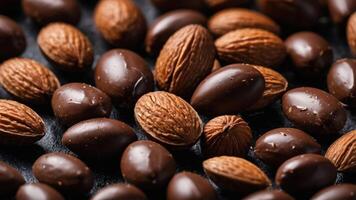 A close-up view of chocolate-covered almonds and nuts on a dark surface. photo
