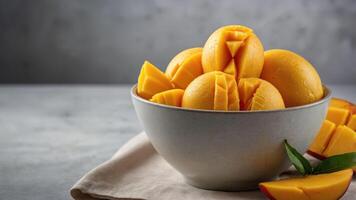 A bowl of mango sorbet with fresh mango slices and a leaf, showcasing a refreshing dessert. photo