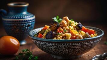 A vibrant bowl of couscous with vegetables and chickpeas, styled for a culinary presentation. photo