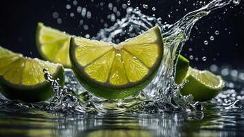 Fresh lime slices splashing in water, showcasing vibrant colors and dynamic movement. photo