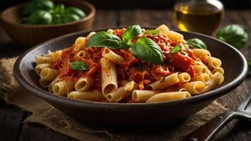 A delicious plate of pasta with tomato sauce and fresh basil on a rustic table. photo