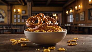 A bowl of pretzels sits on a rustic table, surrounded by scattered snacks in a cozy setting. photo