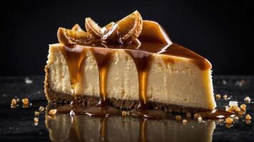 A slice of creamy cheesecake topped with caramel and orange slices on a dark background. photo