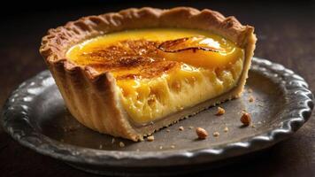 A slice of creamy custard tart with a golden crust on a rustic plate. photo