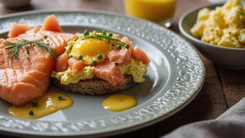 A gourmet breakfast featuring salmon, scrambled eggs, and a poached egg on a plate. photo