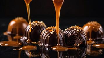 Delicious chocolate truffles drizzled with caramel and topped with nuts. photo