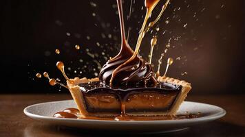 A decadent chocolate caramel pie with sauce splashing over it, showcasing indulgent dessert appeal. photo