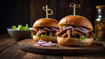 Two pulled pork sandwiches with onions and lettuce on a wooden board. photo