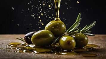 Fresh olives with olive oil splashing, showcasing a culinary theme. photo