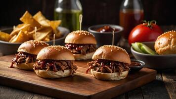 A platter of pulled pork sliders with sides of chips, sauces, and fresh vegetables. photo