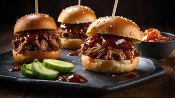 Three pulled pork sliders with barbecue sauce and pickles on a dark wooden surface. photo