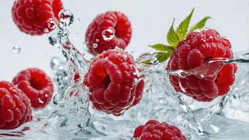 Fresh raspberries splashing in water, showcasing their vibrant color and texture. photo
