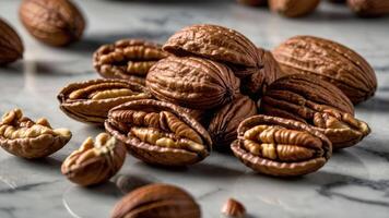 A close-up of pecan nuts in their shells on a marble surface. photo