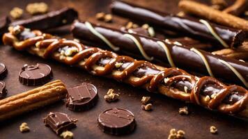 A tempting assortment of chocolate-covered snacks and treats arranged on a rustic surface. photo