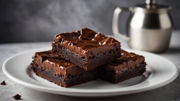 A plate of rich chocolate brownies, showcasing a glossy frosting and a tempting texture. photo