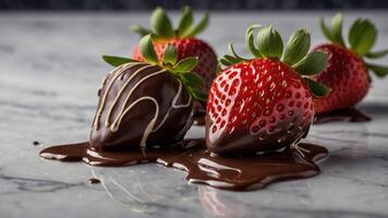 A tempting display of chocolate-covered strawberries on a marble surface. photo