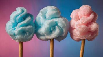 Three colorful cotton candy cones against a gradient background. photo