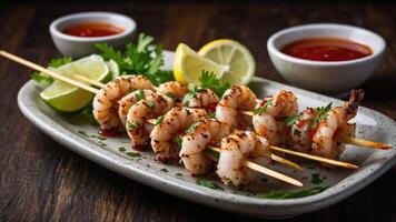 Grilled shrimp skewers served with lemon, lime, and dipping sauces on a plate. photo