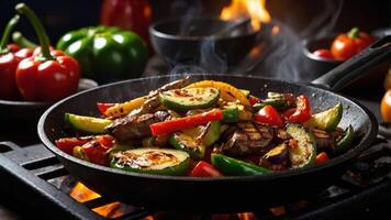 A sizzling stir-fry of colorful vegetables and grilled meat in a frying pan. photo