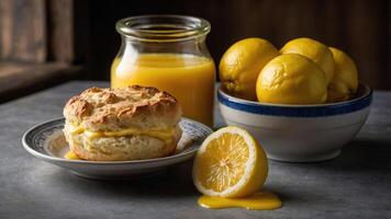 A biscuit filled with lemon curd beside fresh lemons and lemon juice in a jar. photo