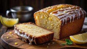 A sliced lemon loaf cake drizzled with icing, garnished with lemon slices and mint. photo
