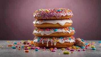 A stack of colorful donuts with sprinkles, surrounded by scattered candy. photo