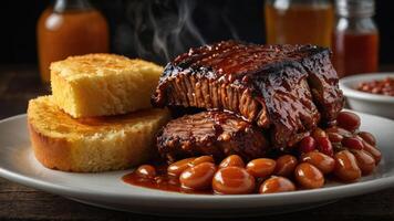 A plate of barbecue brisket with baked beans and cornbread, showcasing a hearty meal. photo