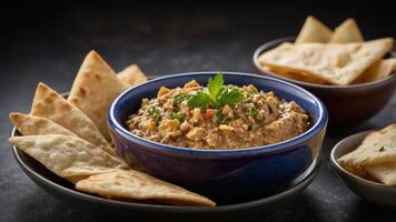 A bowl of dip surrounded by crispy bread, perfect for sharing at gatherings. photo