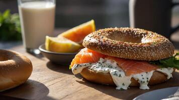 A delicious bagel topped with smoked salmon, cream cheese, and garnished with lemon. photo