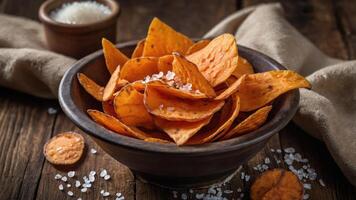A bowl of sweet potato chips garnished with salt on a wooden table. photo
