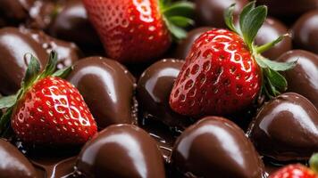A close-up of chocolate-covered strawberries, showcasing their rich texture and vibrant color. photo