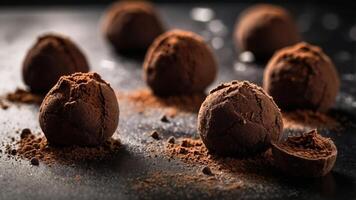 A close-up of chocolate truffles dusted with cocoa powder on a dark surface. photo