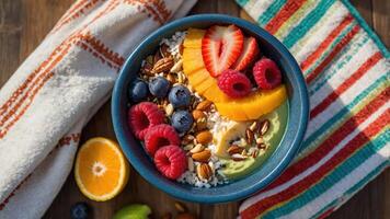 A colorful fruit bowl topped with berries, nuts, and seeds, perfect for a healthy breakfast. photo