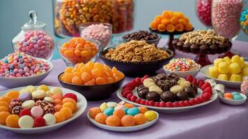 A colorful display of various candies and sweets arranged on a table for enjoyment. photo