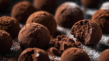 A close-up of chocolate truffles dusted with cocoa powder, some partially bitten. photo
