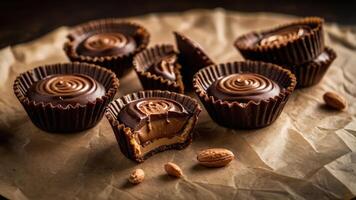 A tempting assortment of chocolate cups filled with caramel and nuts, inviting indulgence. photo