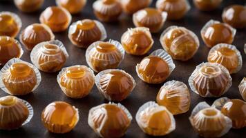 A close-up of glossy caramel candies in paper wrappers arranged on a surface. photo