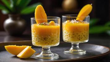 Two elegant desserts featuring mango and tapioca, garnished with fresh mango slices. photo