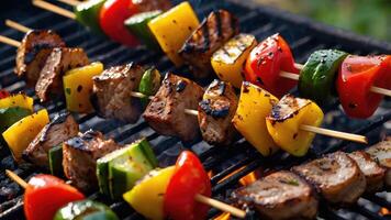 Grilled skewers featuring meat and colorful vegetables on a barbecue grill. photo