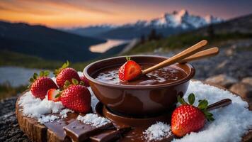 A serene outdoor setting with chocolate fondue and strawberries against a mountain backdrop. photo