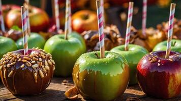 A colorful display of caramel and candy apples on a rustic wooden table. photo