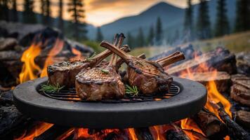 Grilled lamb chops over an open fire with a scenic mountain backdrop at sunset. photo