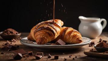 A tempting display of croissants drizzled with chocolate, surrounded by cocoa and chocolate pieces. photo