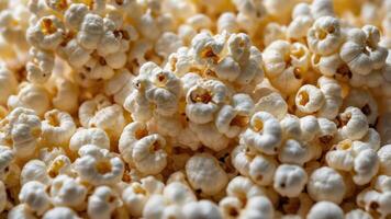 A close-up view of fluffy popcorn kernels, showcasing their texture and shape. photo