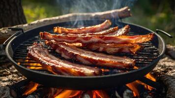 Grilled bacon strips sizzling over an open flame, creating a smoky and appetizing scene. photo