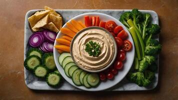 A colorful platter of vegetables and dip, perfect for healthy snacking or gatherings. photo