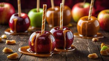 A tempting display of caramel and candy apples on a wooden surface. photo