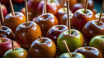 A colorful display of caramel-coated apples on sticks, ready for enjoyment. photo