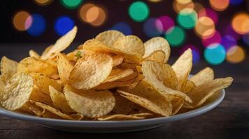 A plate of crispy potato chips with a colorful bokeh background. photo