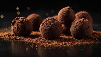 A close-up of chocolate truffles dusted with cocoa powder on a dark surface. photo